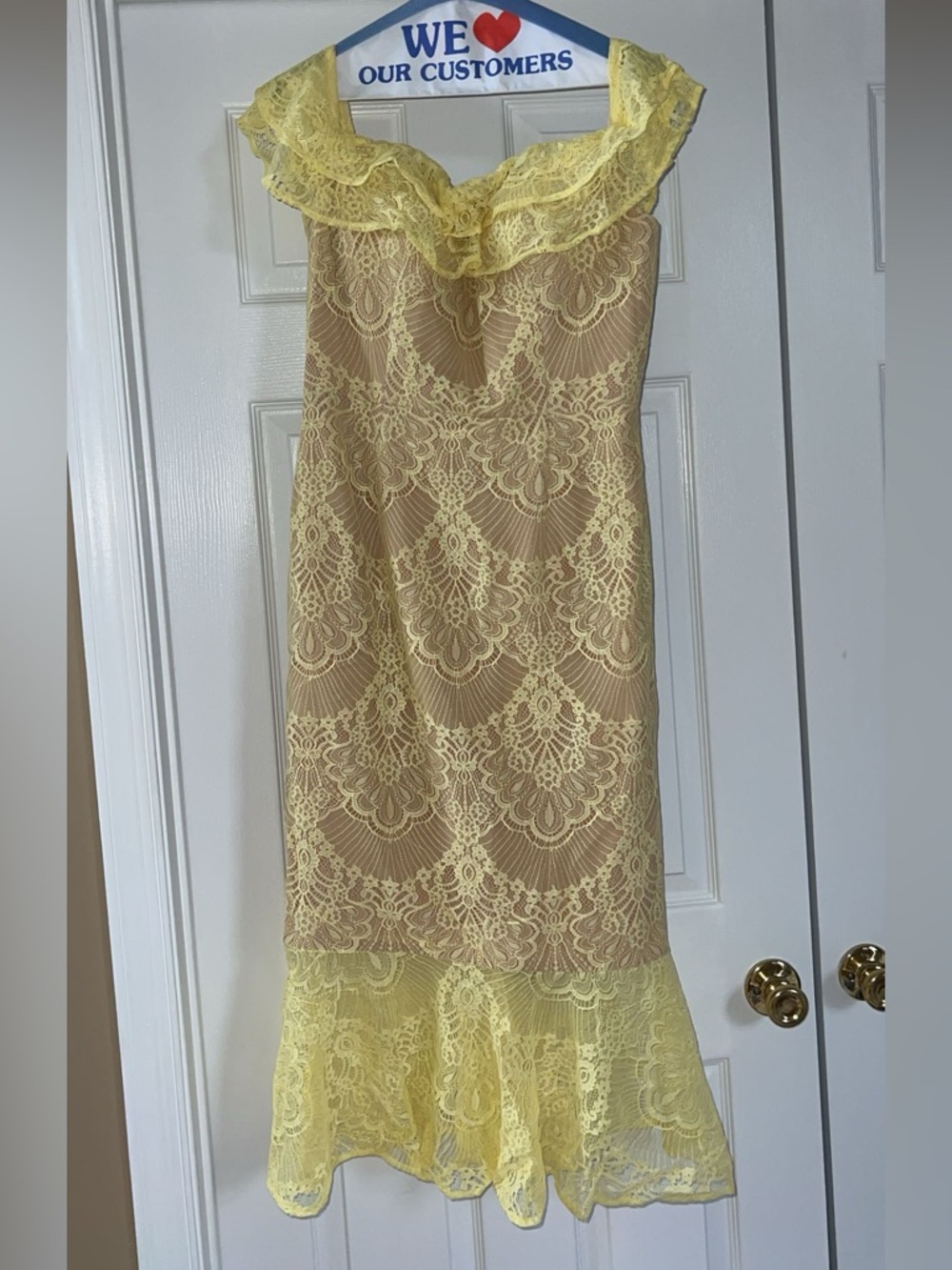 Jarlo Yellow Lace Maxi Dress with Off-Shoulder Ruffle Straps
